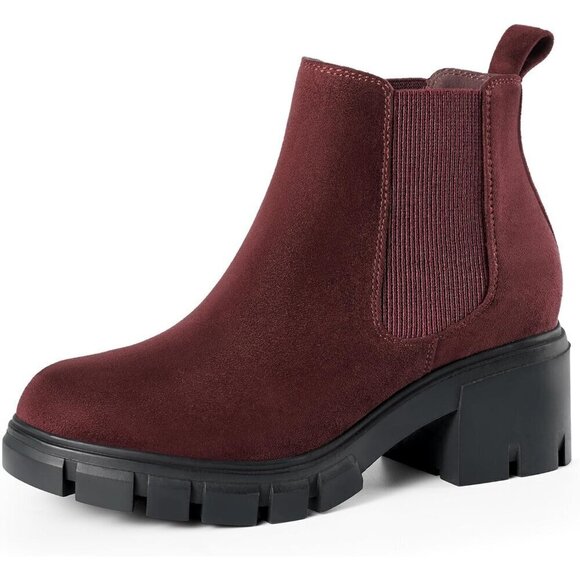 Women's Chelsea Ankle Boots Wine Red Suede Chunky Heel Lug Sole Elastic Slip on - Picture 1 of 8